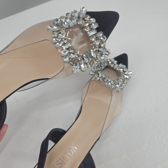 Black Clear Rhinestone Slingback Sandal Pumps - Picture 10 of 13